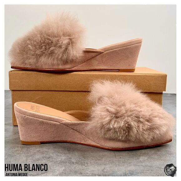 ANTHROPOLOGIE HUMA BLANCO ANTONIA WEDGE MULE SANDAL IN ROSE PINK ALPACA FUR TRIM - Picture 3 of 16
